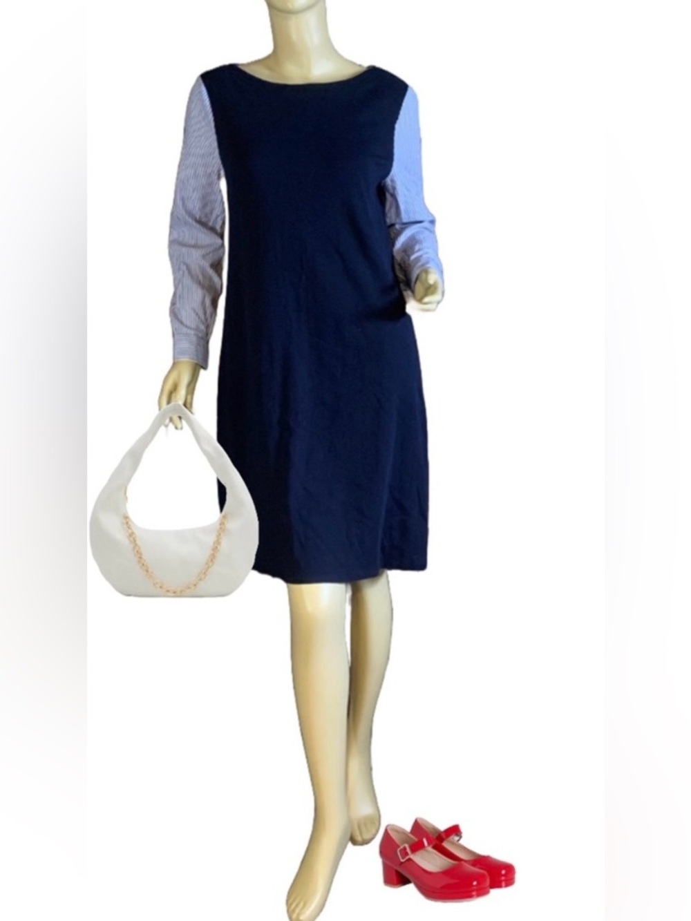 TALBOTS NAVY BLUE "STRIPE INTERLOCK" SHIFT KNIT DRESS (M)